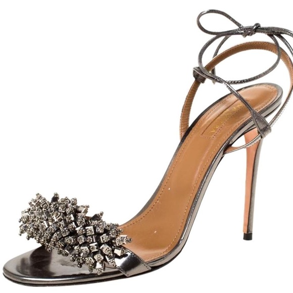 Aquazzura Grey Metallic Embellished Ankle Wrap - Picture 1 of 7